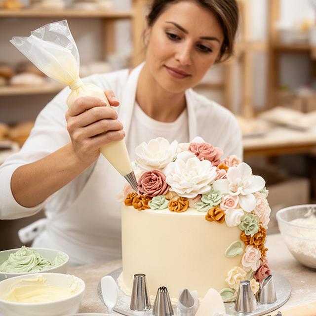 Elena decorando una tarta artística con manga pastelera y flores de crema en Zafra