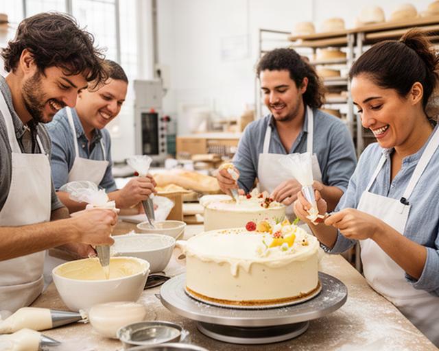 Equipo de pastelería trabajando con crema y decoración de tartas en un obrador luminoso de Zafra