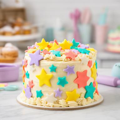 Tarta infantil colorida con decoración de estrellas y crema en una pastelería
