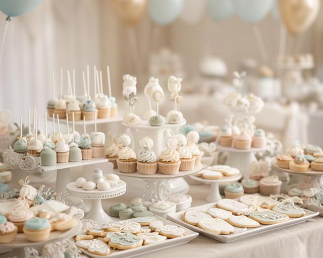 Mesa dulce para bautizo en Zafra con cake pops, galletas decoradas y cupcakes coordinados