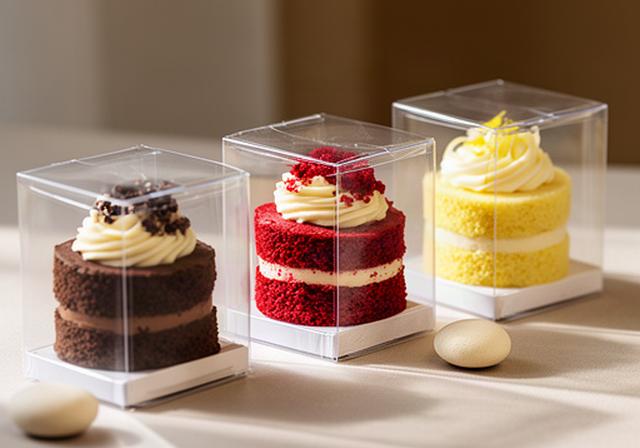 Mini tartas individuales de chocolate, red velvet y limón colocadas en pequeñas cajas transparentes