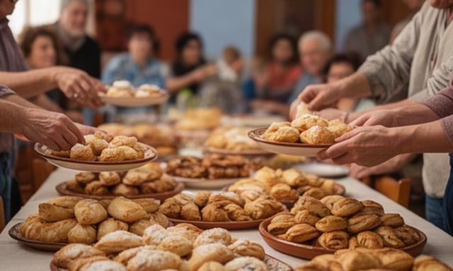 Bandejas de repostería artesanal compartidas por una peña durante una fiesta local extremeña