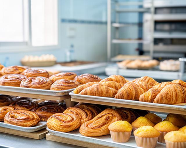 Expositor de bollería artesanal en un obrador de Zafra con cruasanes, palmeras y magdalenas recién horneadas