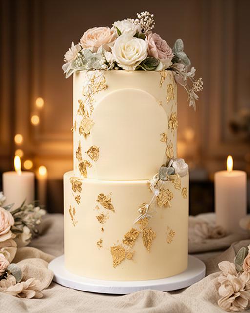 Tarta de aniversario con acabado marfil, detalles de oro comestible y mensaje romántico