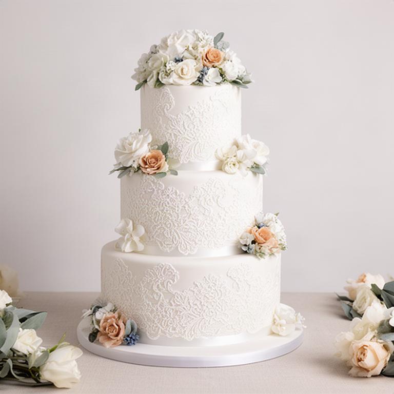 Tarta nupcial blanca de tres pisos con encaje de azúcar y flores delicadas