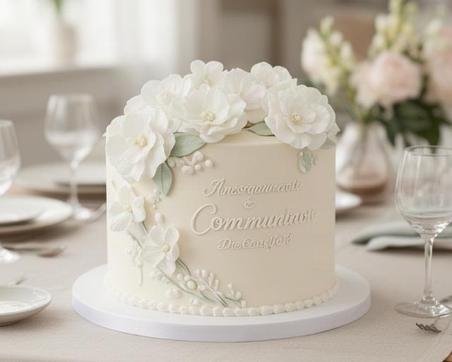 Tarta personalizada de comunión con flores blancas y decoración delicada sobre una mesa familiar