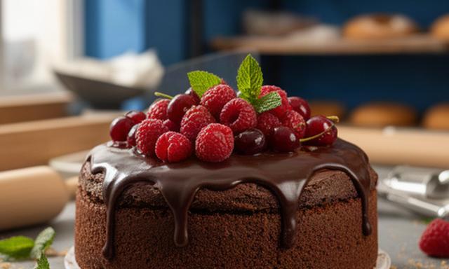 Tarta artesanal de chocolate y frutos rojos decorada en una pastelería de Zafra