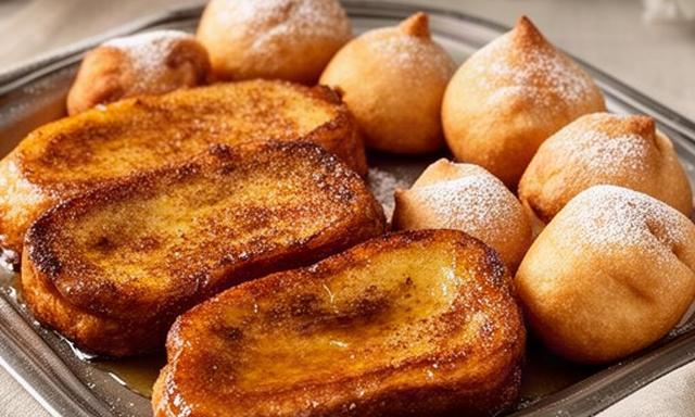 Torrijas doradas y buñuelos de viento servidos en una bandeja durante Semana Santa