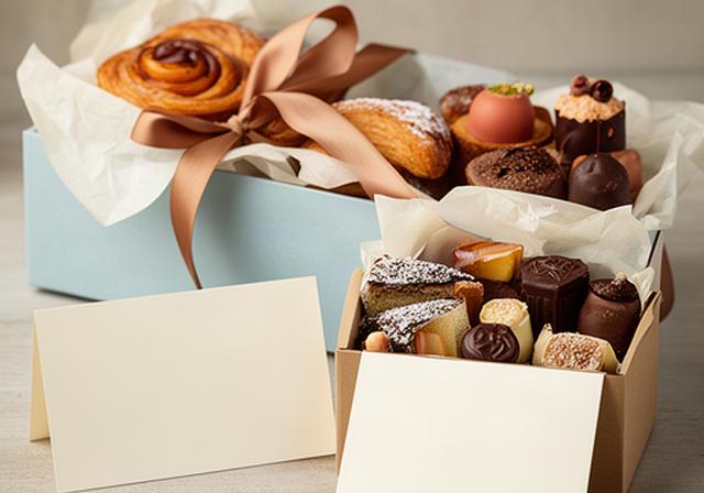 Vale regalo de pastelería artesanal junto a una caja de dulces y una tarjeta de dedicatoria